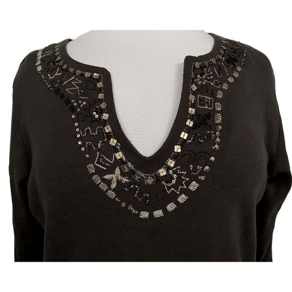 Chico's Embroidered & Beaded Pullover V-Neck Pullover Top 100% Cotton Bark Brown - Picture 2 of 6